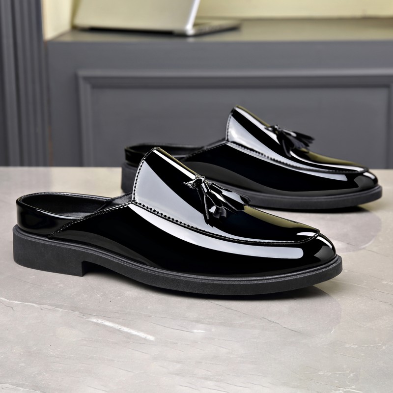 Formal Men Daily Wear Footwear - Men Black Patent Leather Mules Tassel