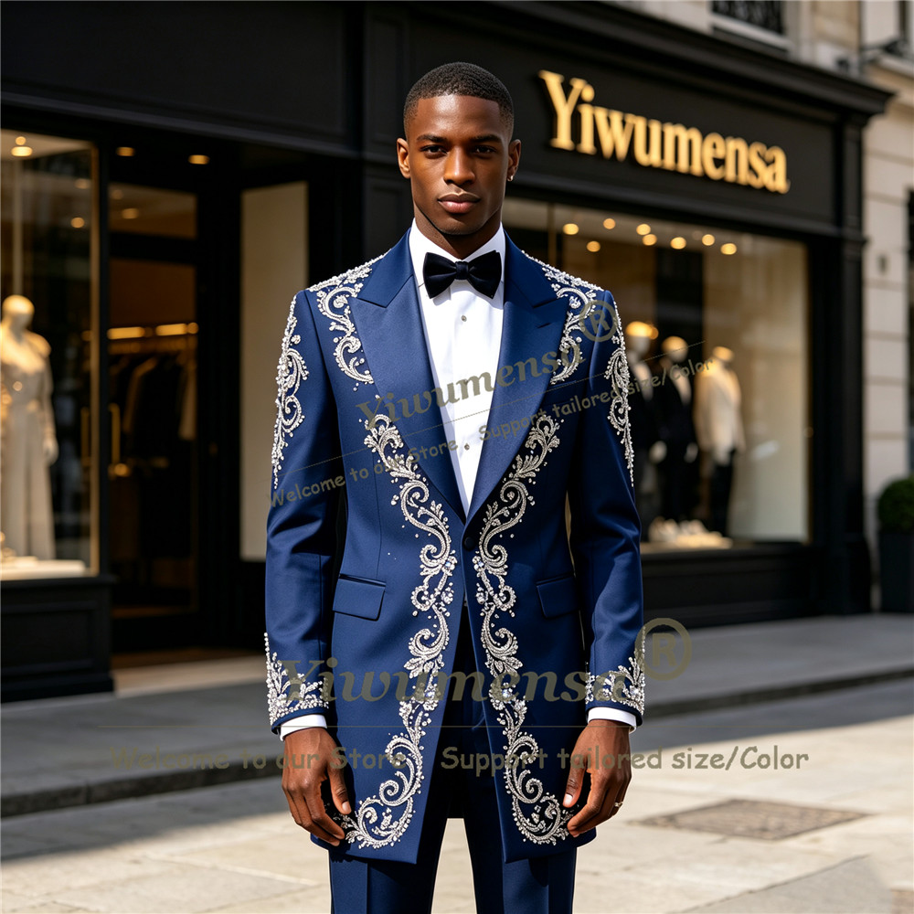 Men Formal Wear For Wedding - Handmade Crystals Beading Suit Men Customized