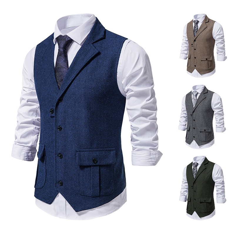Men Formal Wear Vest - Men Suit Vest Herringbone Fabric Waistcoat
